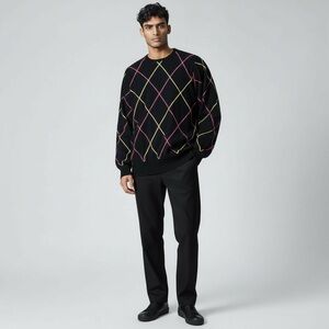 Peter Millar Cashmere Black and Pink Argyle Crewneck Sweater